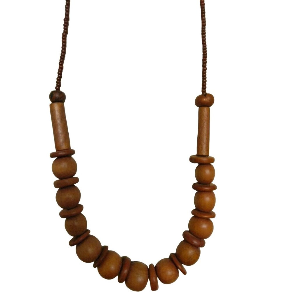 Brown wood seed bead necklace beaded wooden lightweight